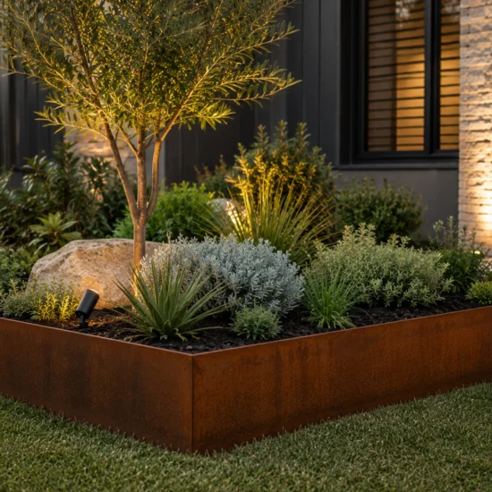 Metwall FormFlow 200mm Corten Steel Garden Edging For Garden Beds Sold in Burleigh Heads Gold Coast Region Installation Kit