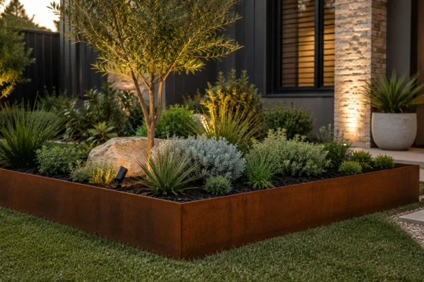 Metwall FormFlow 200mm Corten Steel Garden Edging For Garden Beds Sold in Burleigh Heads Gold Coast Region Installation Kit