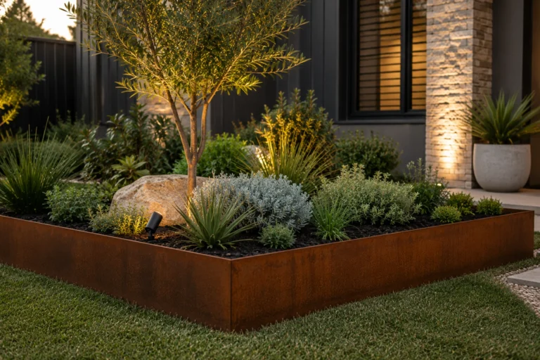 Metwall FormFlow 200mm Corten Steel Garden Edging For Garden Beds Sold in Burleigh Heads Gold Coast Region Installation Kit
