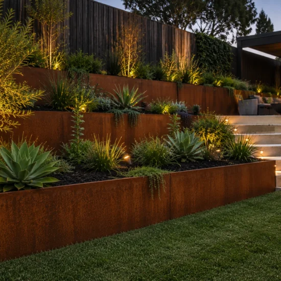 Metwall FormFlow 250mm Corten Steel Garden Edging For Backyard Garden Beds Sold in Burleigh Heads Gold Coast Region Installation Kit