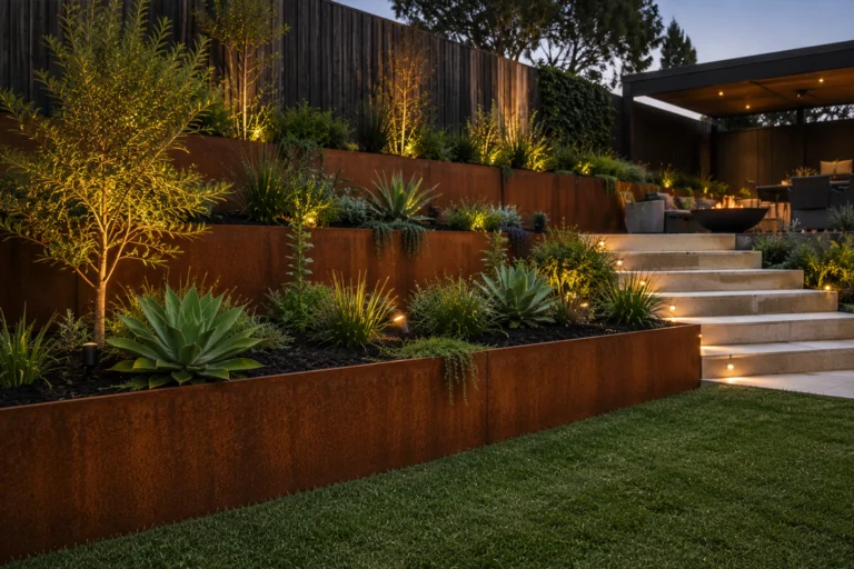Metwall FormFlow 250mm Corten Steel Garden Edging For Backyard Garden Beds Sold in Burleigh Heads Gold Coast Region Installation Kit