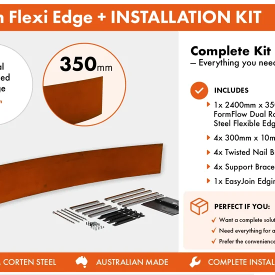 Metwall FormFlow Flexi 350mm FXP24350 Corten Steel Flexible Garden Edging Installation+Package for Garden Beds and Paths Sold in Burleigh Heads Gold Coast Region
