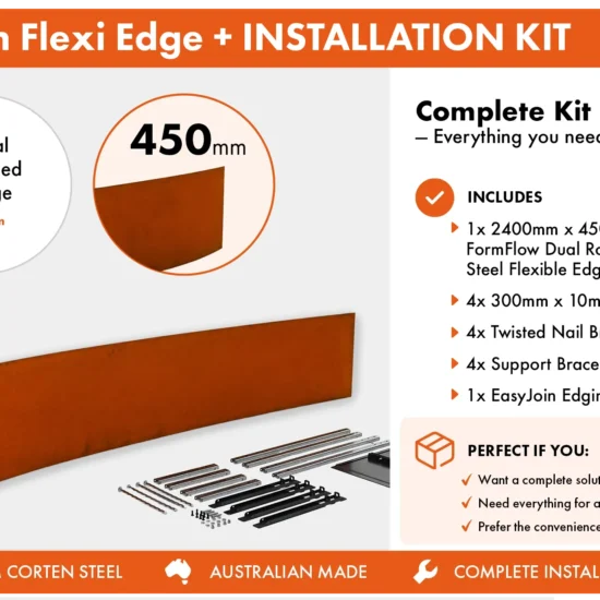 Metwall FormFlow Flexi 450mm FXP24450 Corten Steel Flexible Garden Edging Installation+Package for Garden Beds and Paths Sold in Burleigh Heads Gold Coast Region