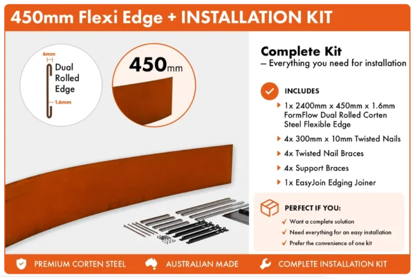 Metwall FormFlow Flexi 450mm FXP24450 Corten Steel Flexible Garden Edging Installation+Package for Garden Beds and Paths Sold in Burleigh Heads Gold Coast Region