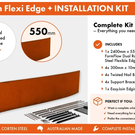 Metwall FormFlow Flexi 550mm FXP24550 Corten Steel Flexible Garden Edging Installation+Package for Garden Beds and Paths Sold in Burleigh Heads Gold Coast Region