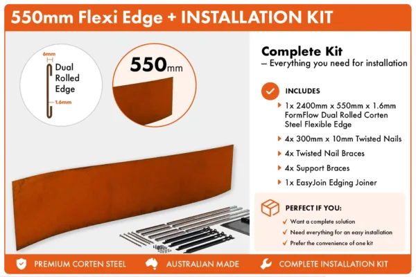 Metwall FormFlow Flexi 550mm FXP24550 Corten Steel Flexible Garden Edging Installation+Package for Garden Beds and Paths Sold in Burleigh Heads Gold Coast Region