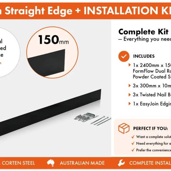 Metwall FormFlow Straight 150mm P24150 Black Powder Coated Steel Straight Garden Edging Installation Package for Garden Beds and Paths Sold in Burleigh Heads Gold Coast Region