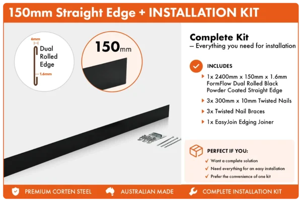 Metwall FormFlow Straight 150mm P24150 Black Powder Coated Steel Straight Garden Edging Installation Package for Garden Beds and Paths Sold in Burleigh Heads Gold Coast Region