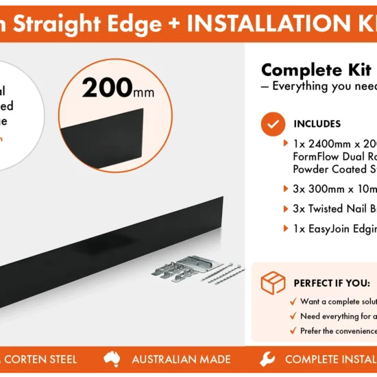 Metwall FormFlow Straight 200mm P24200 Black Powder Coated Steel Straight Garden Edging Installation Package for Garden Beds and Paths Sold in Burleigh Heads Gold Coast Region