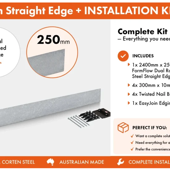 Metwall FormFlow Straight 250mm GP24250 Galvanised Steel Straight Garden Edging Installation Package for Garden Beds and Paths Sold in Burleigh Heads Gold Coast Region