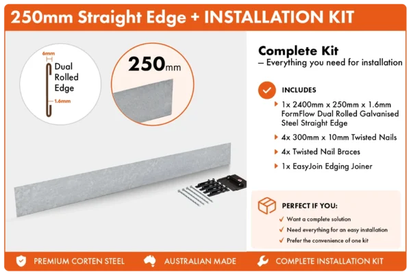 Metwall FormFlow Straight 250mm GP24250 Galvanised Steel Straight Garden Edging Installation Package for Garden Beds and Paths Sold in Burleigh Heads Gold Coast Region