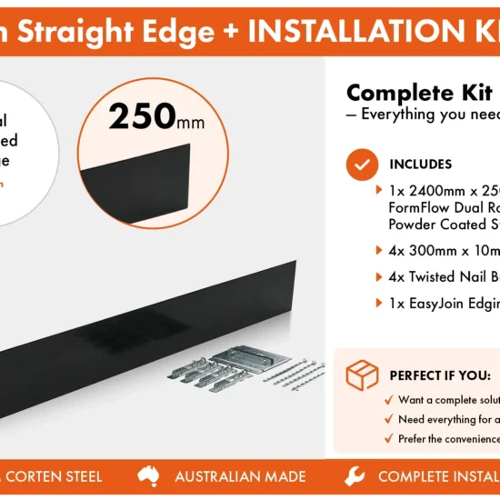 Metwall FormFlow Straight 250mm P24250 Black Powder Coated Steel Straight Garden Edging Installation Package for Garden Beds and Paths Sold in Burleigh Heads Gold Coast Region