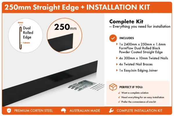 Metwall FormFlow Straight 250mm P24250 Black Powder Coated Steel Straight Garden Edging Installation Package for Garden Beds and Paths Sold in Burleigh Heads Gold Coast Region
