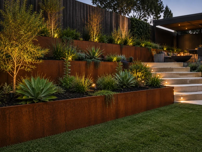 Metwall FormFlow 250mm Corten Steel Garden Edging For Backyard Garden Beds Sold in Burleigh Heads Gold Coast Region Installation Kit